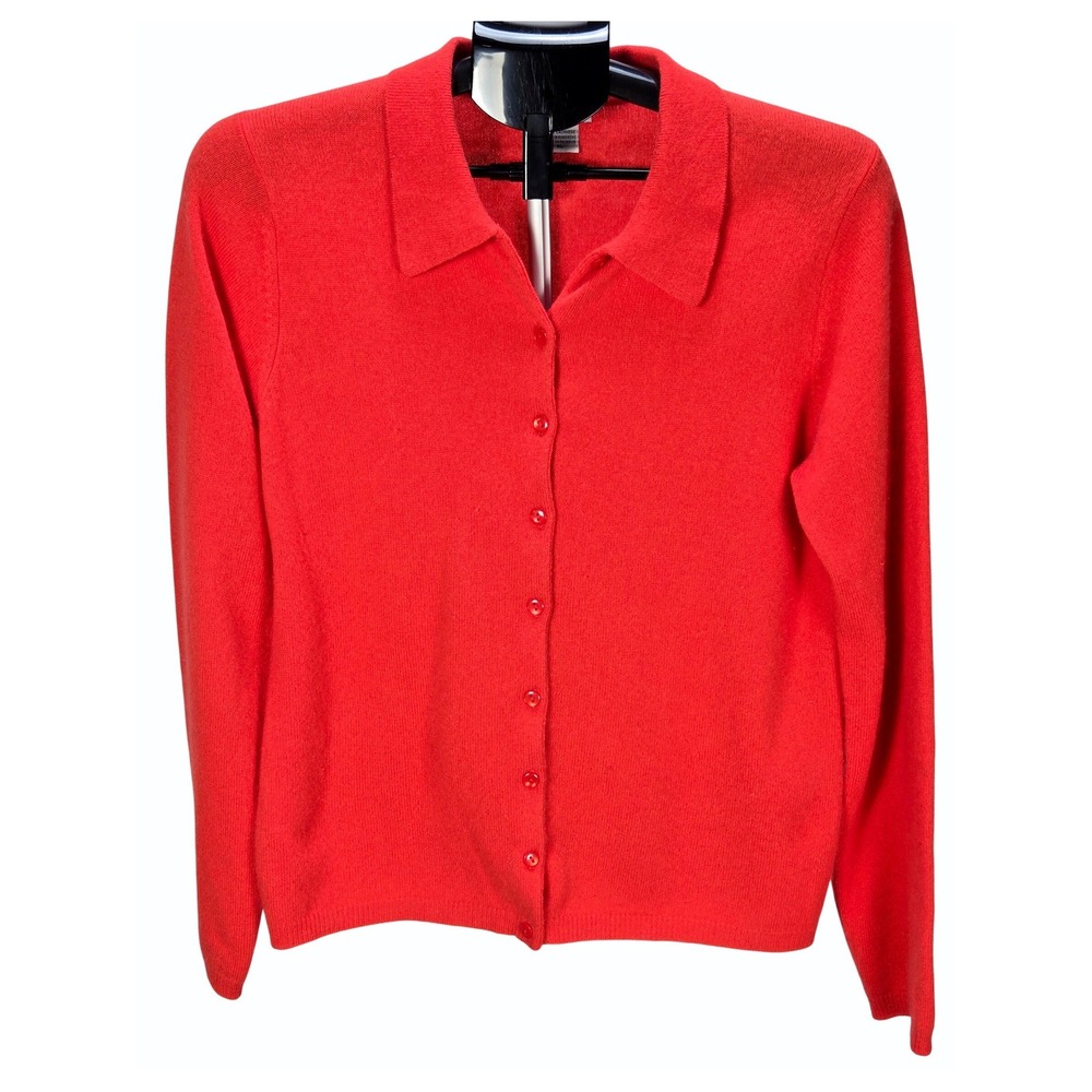 Women's VTG Birch Hill XL Red 100% Cashmere Collar Button Cardigan Sweater Pinup